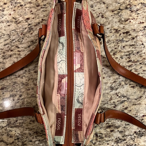 Fossil Vintage Travel Print Satchel Shoulder Bag Brown Leather Handles Cream - Picture 7 of 16